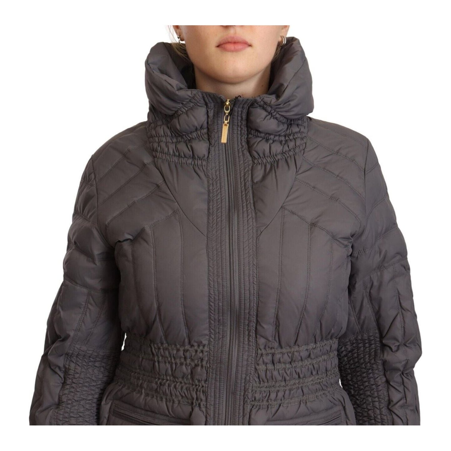 Roccobarocco Gray Quilted Long Sleeves Logo Patch Full Zip Jacket