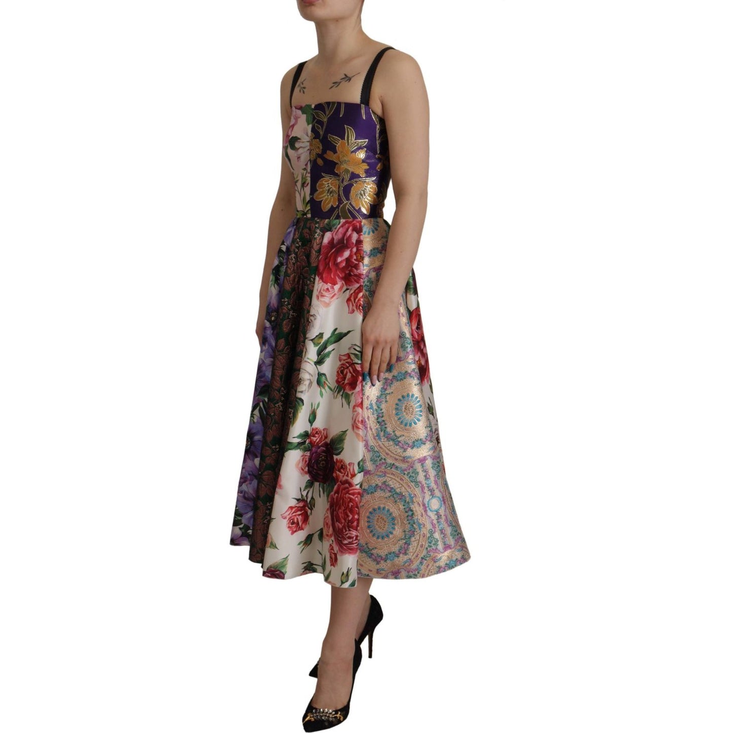 Dolce & Gabbana Dress Midi Patchwork Floral Jaquard Silk