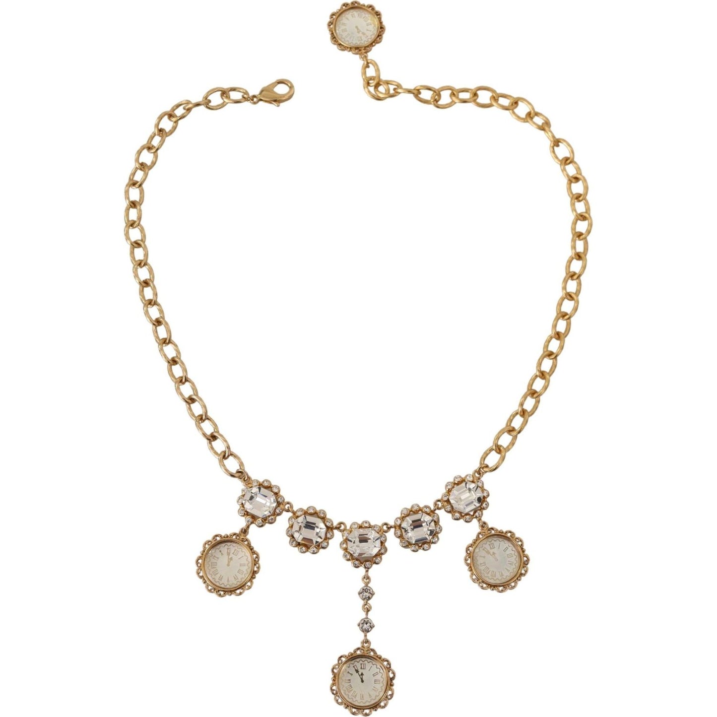 Dolce & Gabbana Gold Clock Statement Crystal Chain Necklace