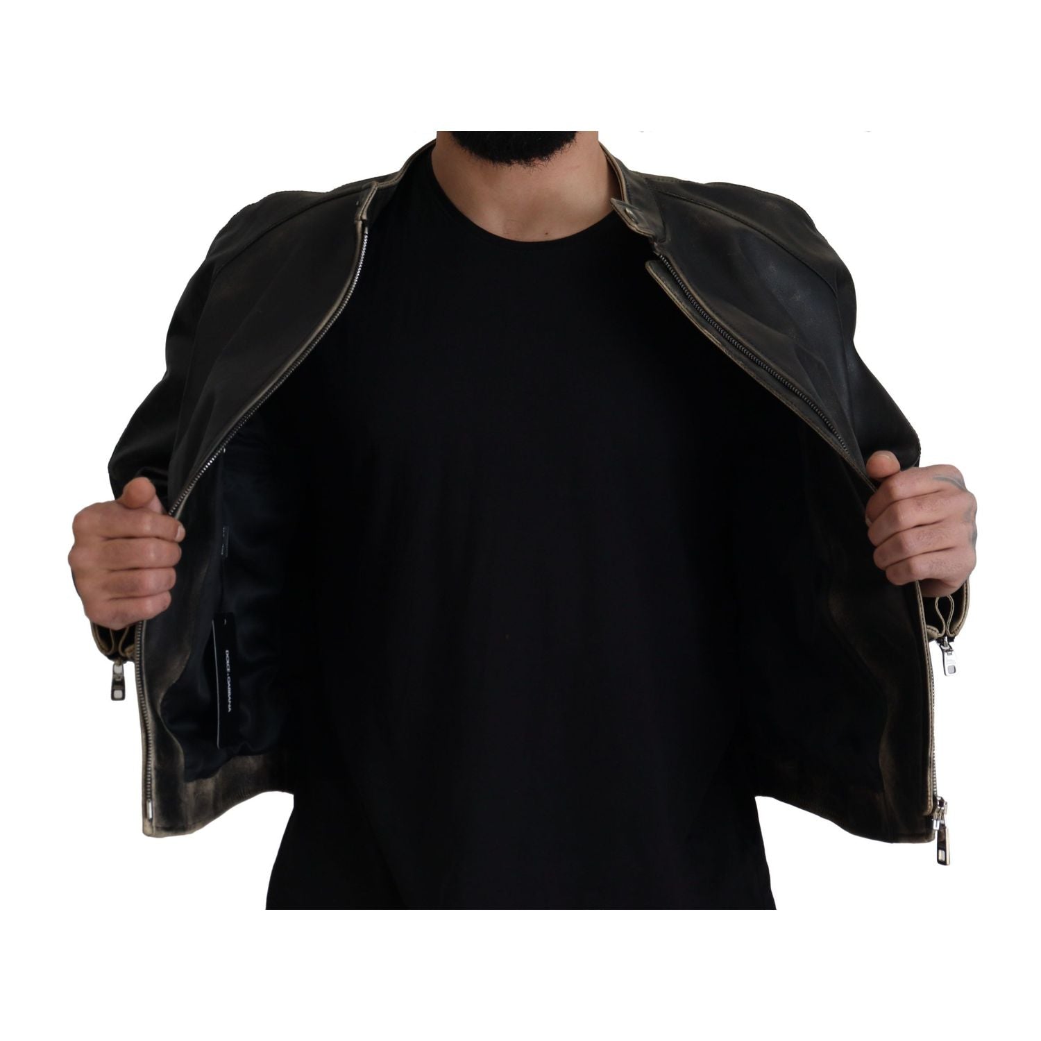 Dolce & Gabbana Black Leather Zipper Biker Coat Jacket