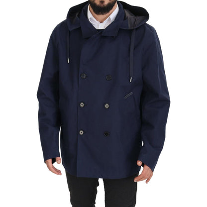 Dolce & Gabbana Blue Hooded Double Breasted Coat Jacket Dolce & Gabbana