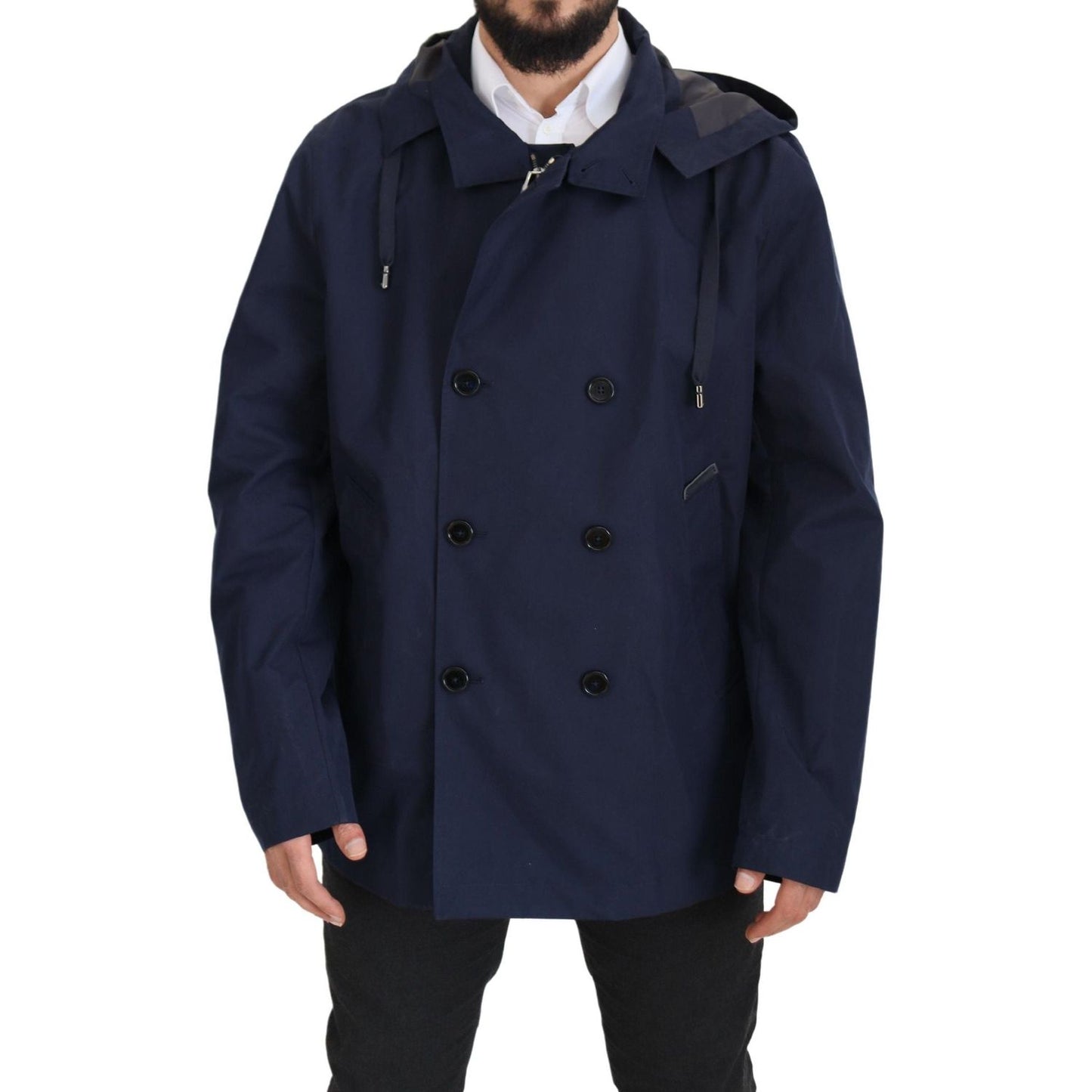 Dolce & Gabbana Blue Hooded Double Breasted Coat Jacket Dolce & Gabbana