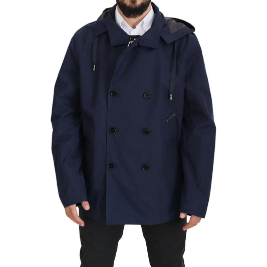 Dolce & Gabbana Blue Hooded Double Breasted Coat Jacket Dolce & Gabbana