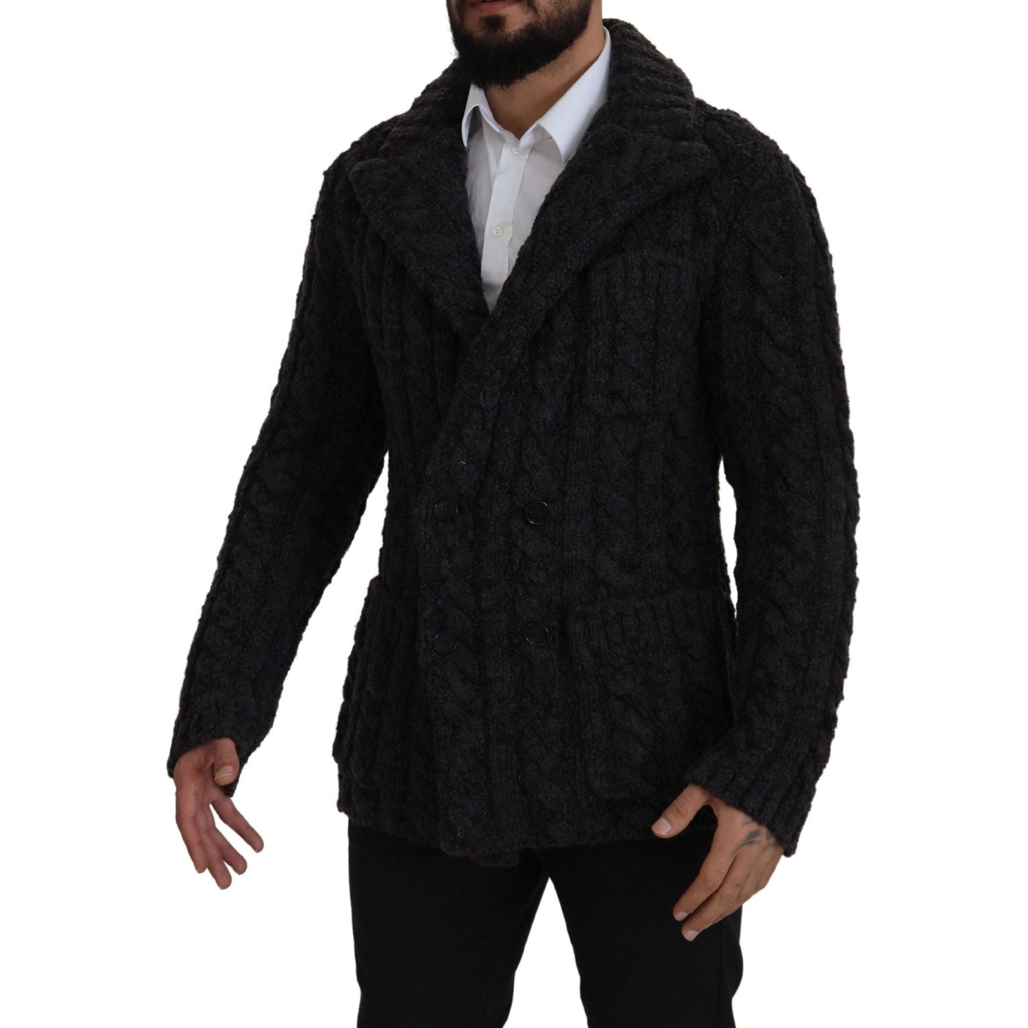 Dolce & Gabbana Black Wool Knit Double Breasted Coat Jacket