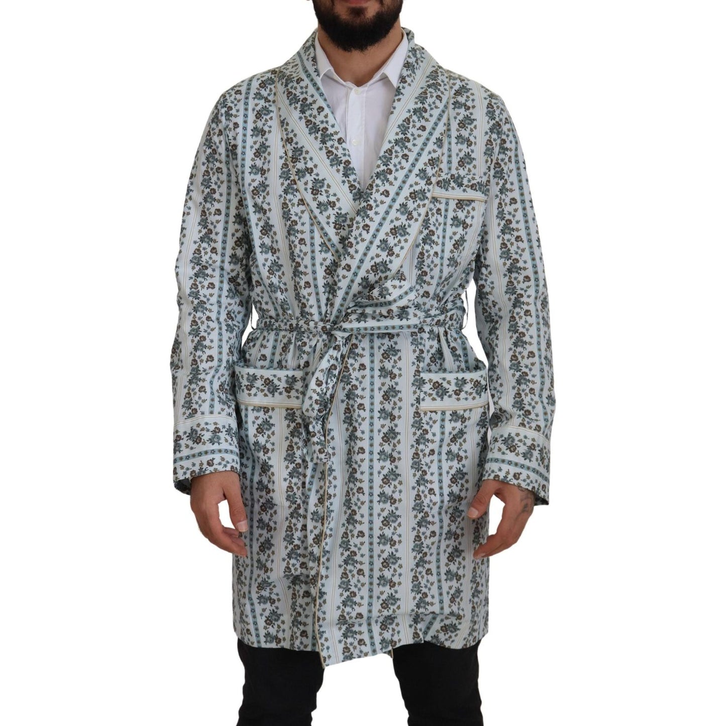 Dolce & Gabbana Blue Floral Cotton Robe Coat Jacket Dolce & Gabbana