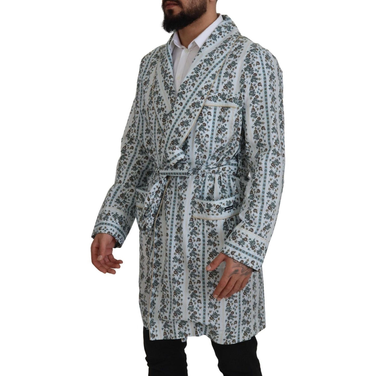 Dolce & Gabbana Blue Floral Cotton Robe Coat Jacket Dolce & Gabbana