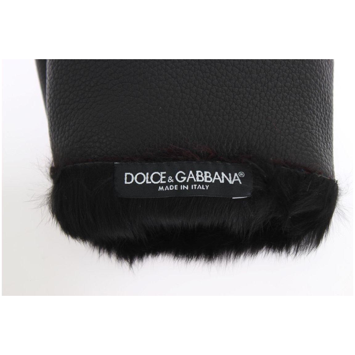 Dolce & Gabbana Black Leather Bordeaux Shearling Gloves 1728,20% Calfskin,40% Lambskin,5|L,5|S,67345645728,8,9,9|M,Accessories,Bordeaux,Dolce & Gabbana,Gloves - Accessories,Gloves - Men - Accessories,Material: 40% Deerskin,Men,Men - Accessories,New with t