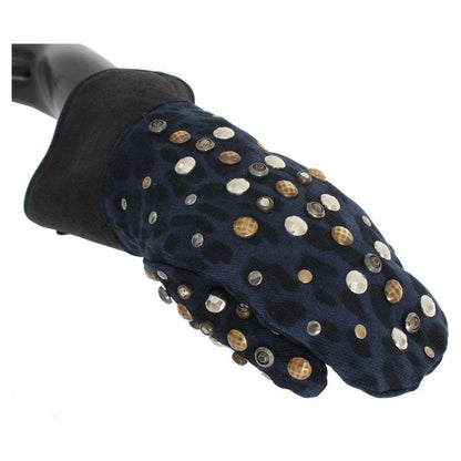 Dolce & Gabbana Gray Wool Shearling Studded Blue Leopard Gloves
