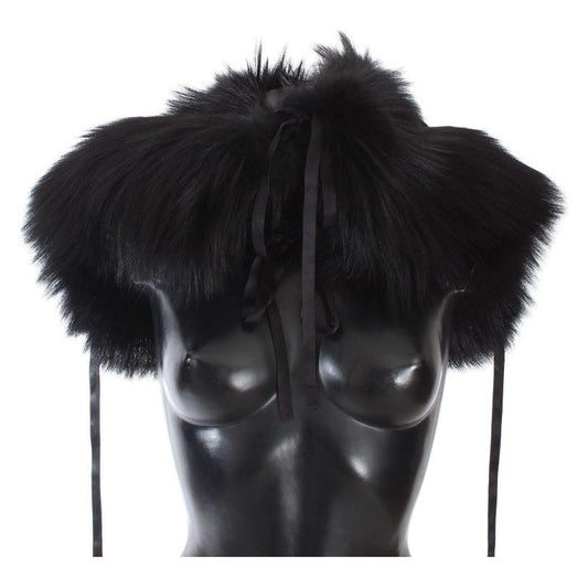 Dolce & Gabbana Elegant Black Fox Fur Silk Shoulder Wrap Fur Wrap Scarves Dolce & Gabbana