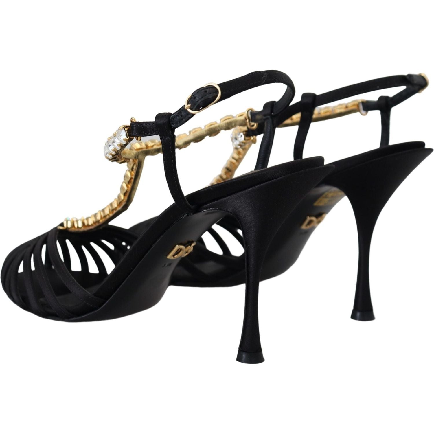 Dolce & Gabbana Black Satin Clear Crystal T-strap Sandal Shoes