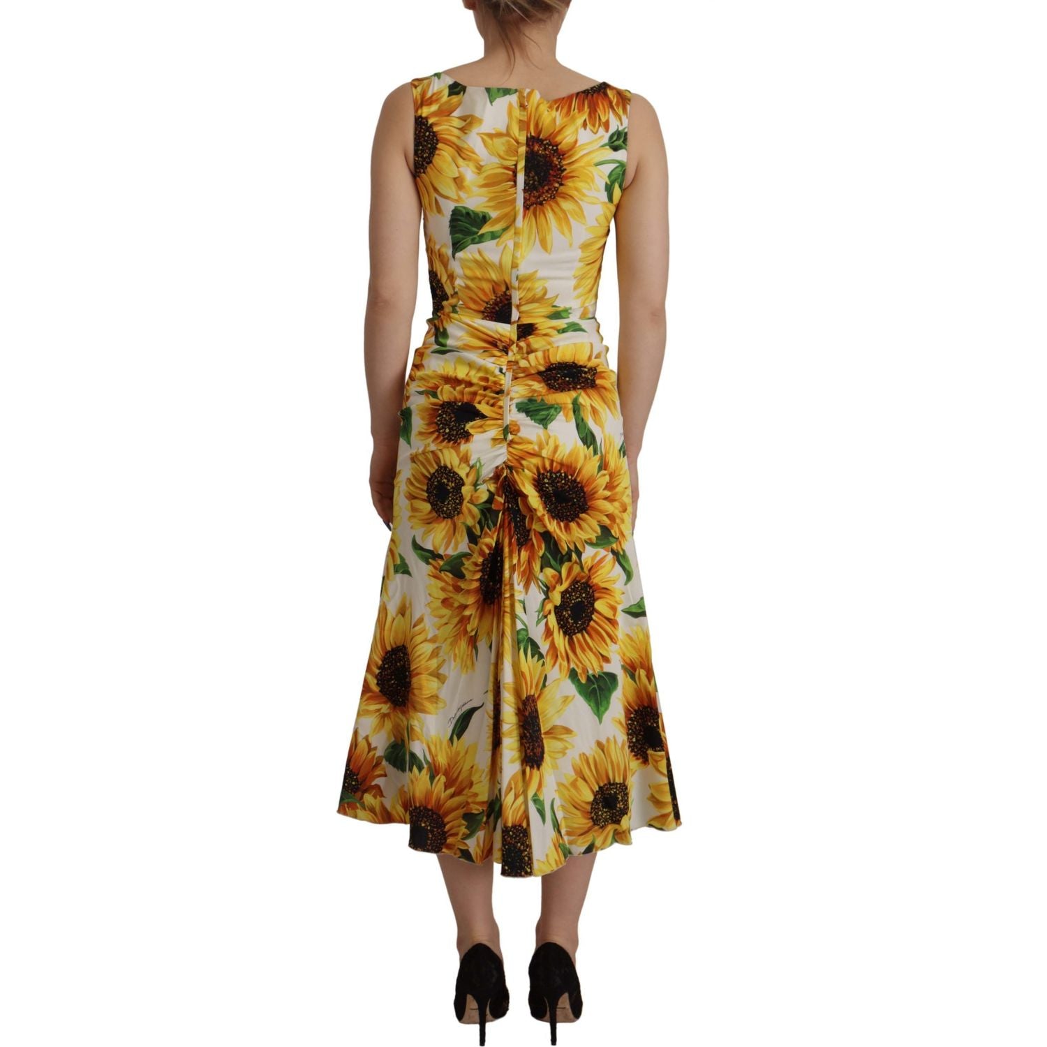 Dolce & Gabbana White Sunflower Print Sheath Midi Silk