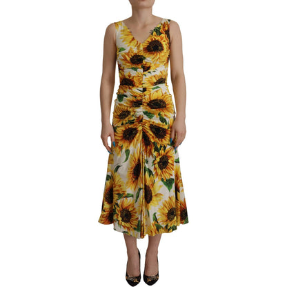Dolce & Gabbana White Sunflower Print Sheath Midi Silk