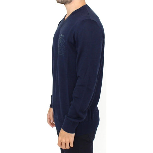 Ermanno Scervino Elegant Blue V-Neck Wool Blend Pullover Ermanno Scervino