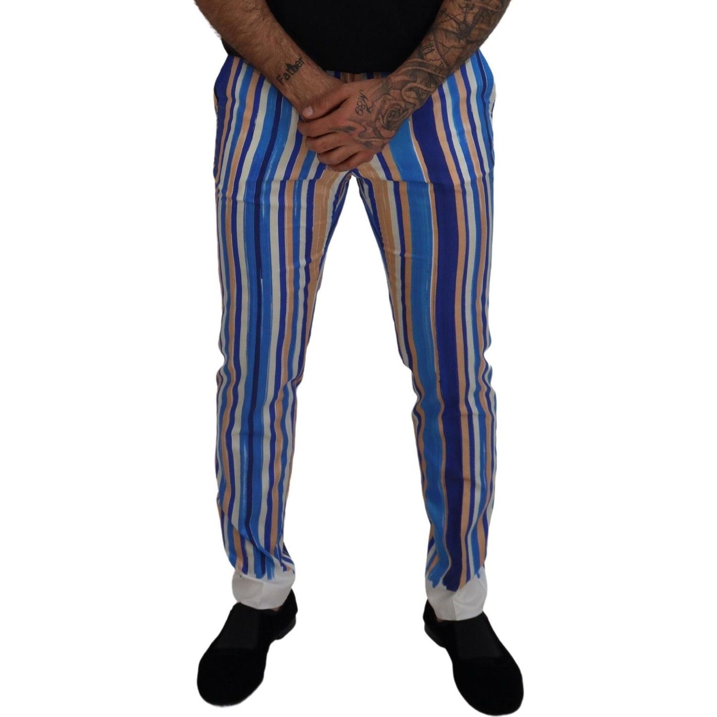 Dolce & Gabbana Blue Striped Silk Cotton Slim Trousers Pants Dolce & Gabbana