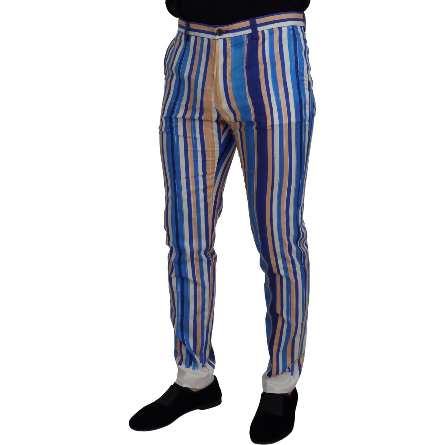 Dolce & Gabbana Blue Striped Silk Cotton Slim Trousers Pants Dolce & Gabbana