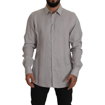 Dolce & Gabbana Gray Linen Long Sleeves Formal GOLD Shirt