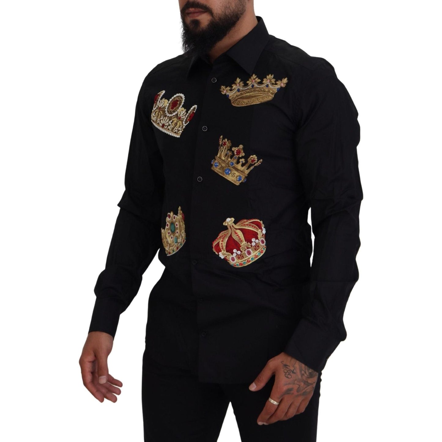 Dolce & Gabbana Black Gold Crown Slim Fit Dress Formal Shirt