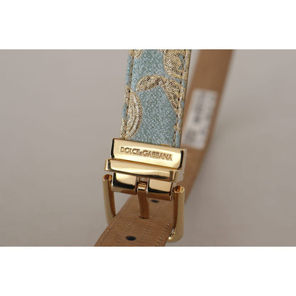 Dolce & Gabbana Blue Leather Jacquard Embossed Gold Metal Buckle Belt