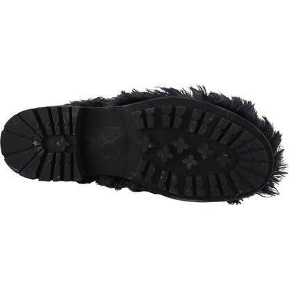 Dolce & Gabbana Black Leather Combat Shearling Boots Shoes