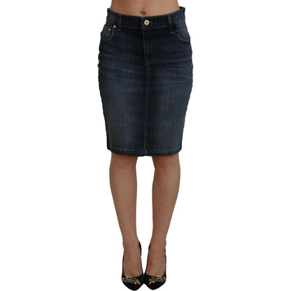 Fiorucci Dark Blue Washed Mid Waist Pencil Cut Denim Skirt