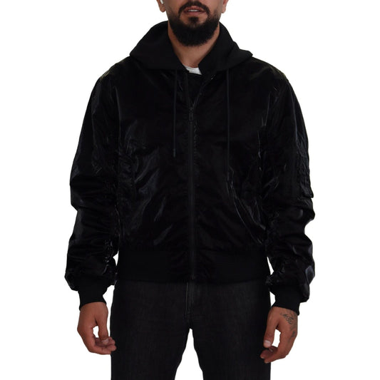 Dolce & Gabbana Black Nylon Hooded Full Zip Bomber Jacket Dolce & Gabbana
