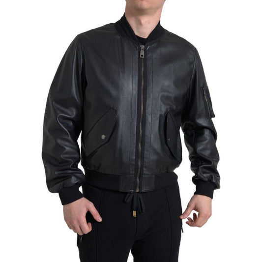 Dolce & Gabbana Black Leather Blouson Full Zip Bomber Jacket Dolce & Gabbana