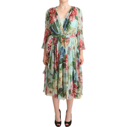 Dolce & Gabbana Multicolor Green Floral Silk Wrap Midi Dress