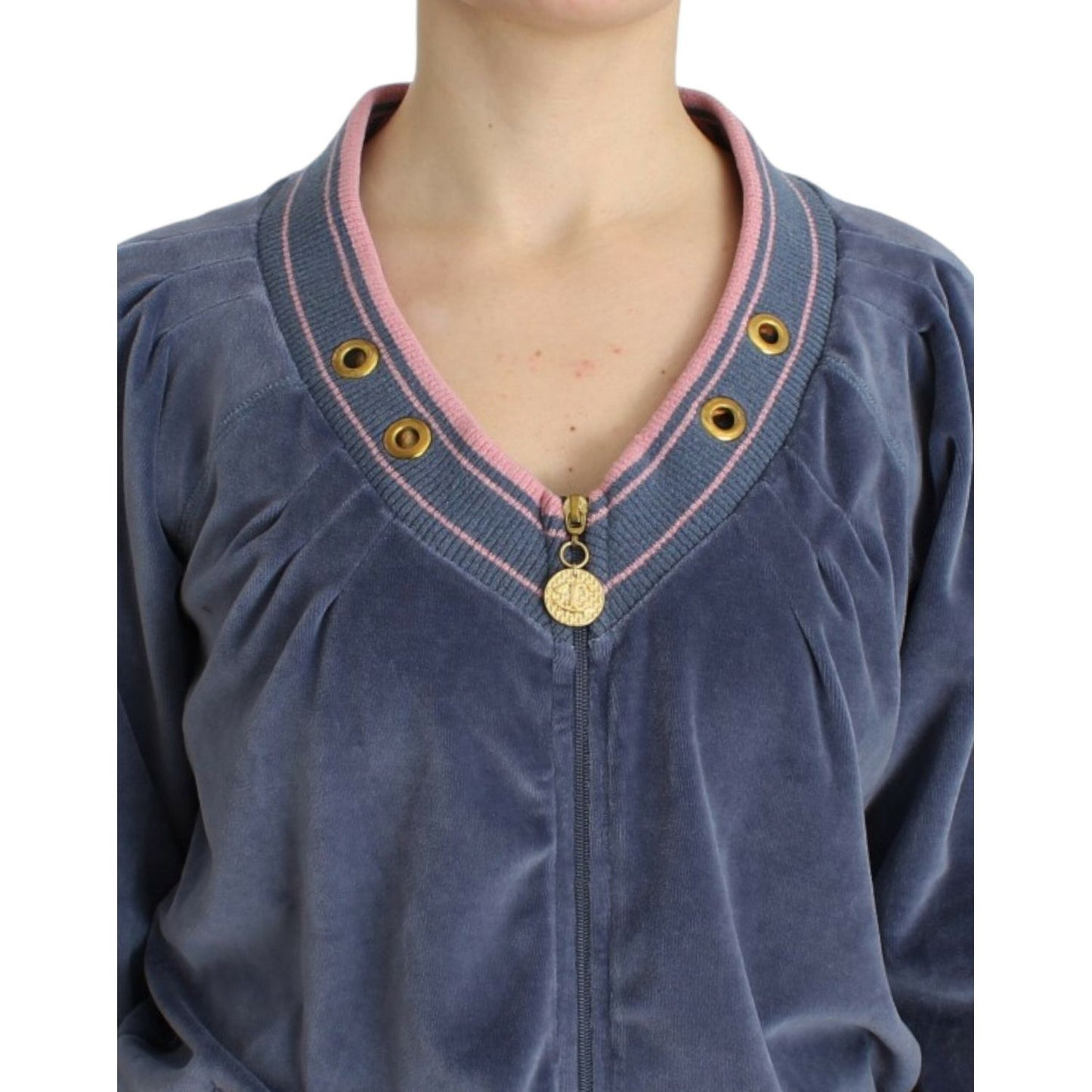 Cavalli Elegant Blue Zip Cardigan with Gold Details Cavalli