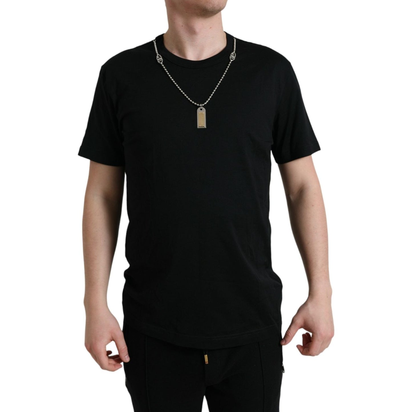 Dolce & Gabbana Black Cotton Dog Tag Round Neck T-shirt Dolce & Gabbana
