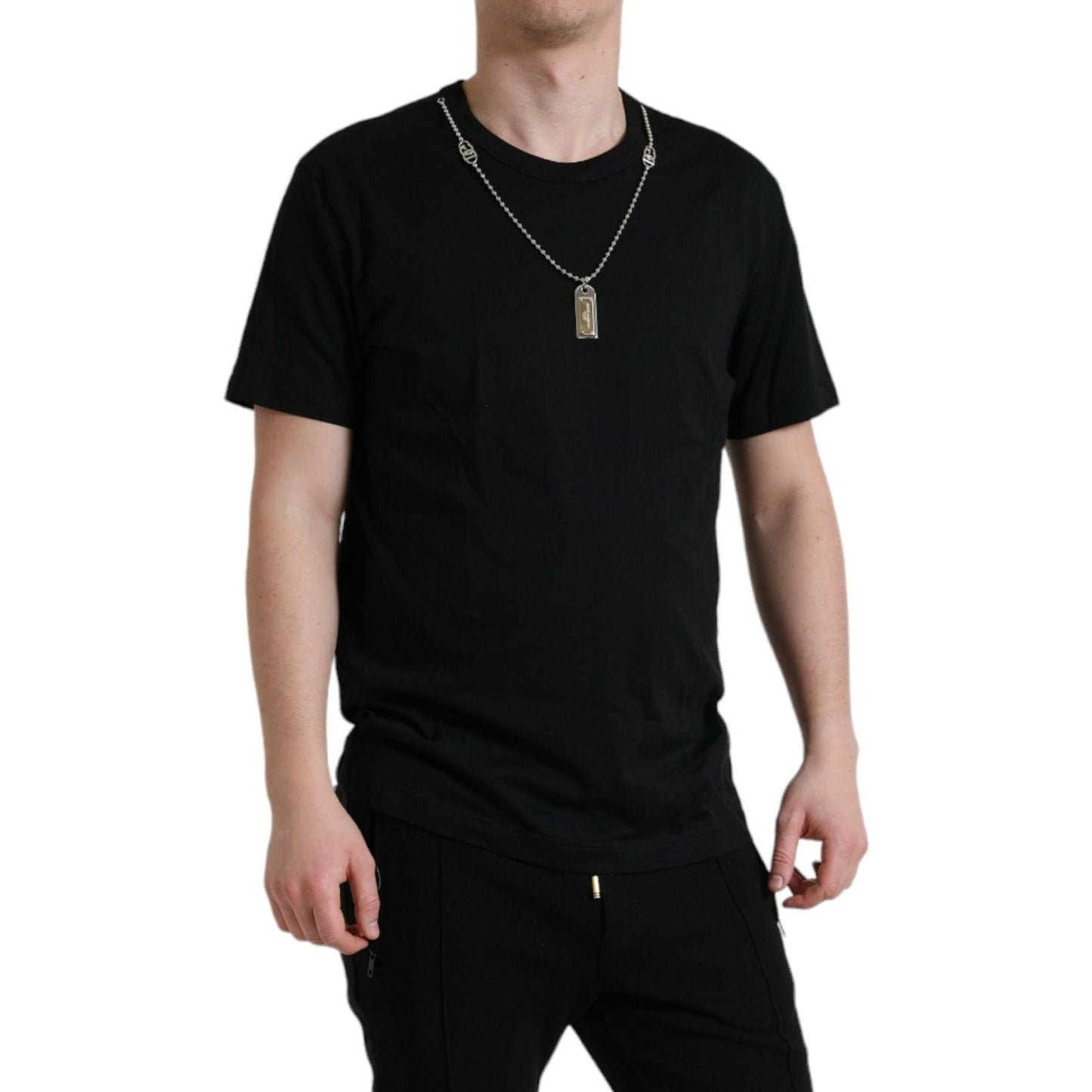 Dolce & Gabbana Black Cotton Dog Tag Round Neck T-shirt Dolce & Gabbana