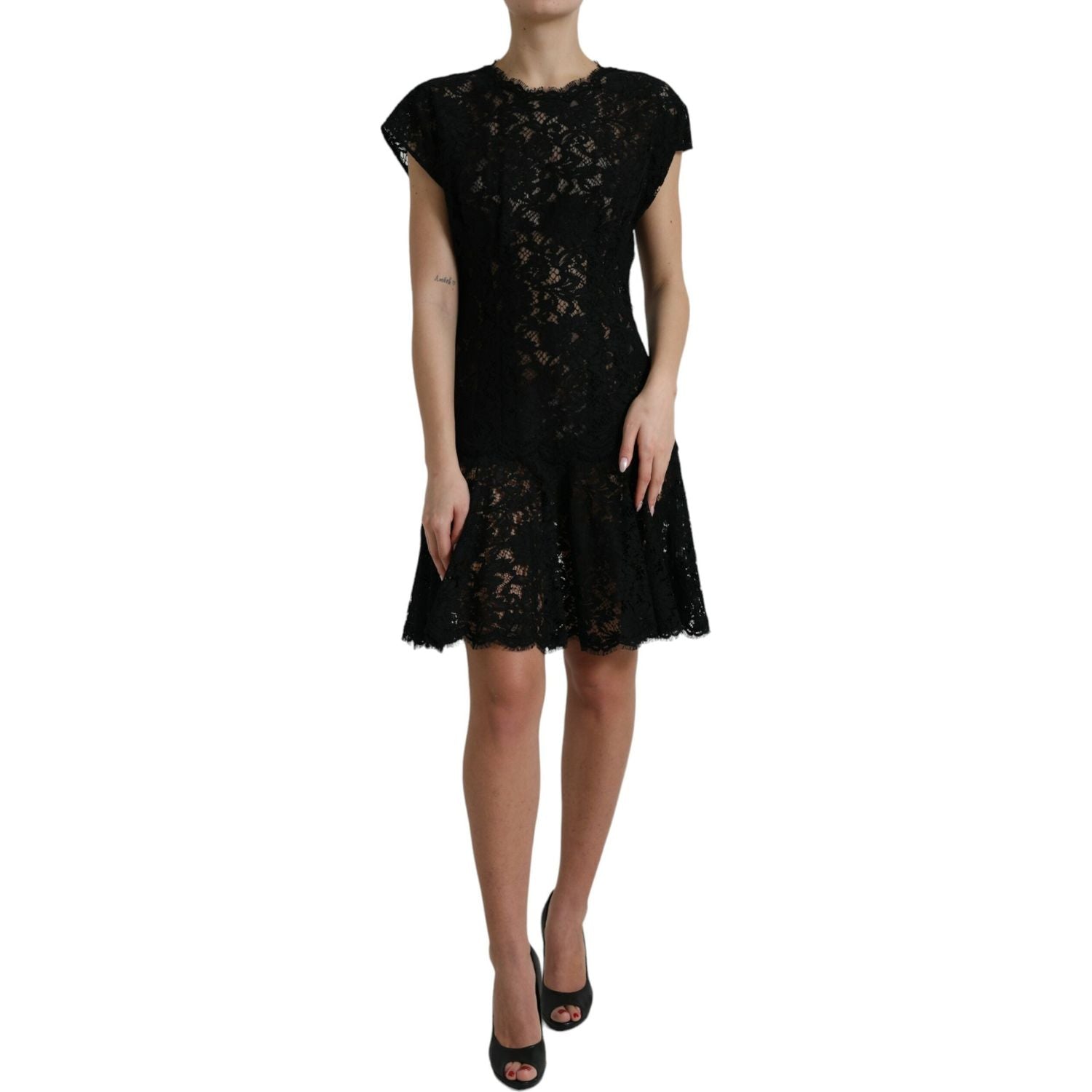 Dolce & Gabbana Black Floral Lace Cotton A-line Mini Dress