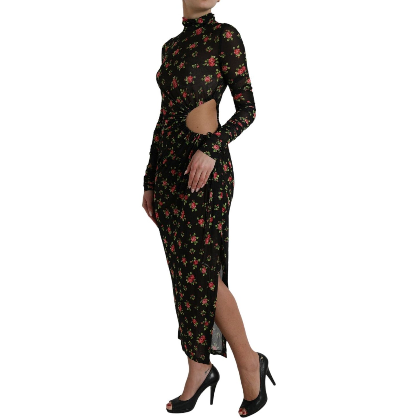 Dolce & Gabbana Black Floral Cut Out Sheath Long Maxi Dress