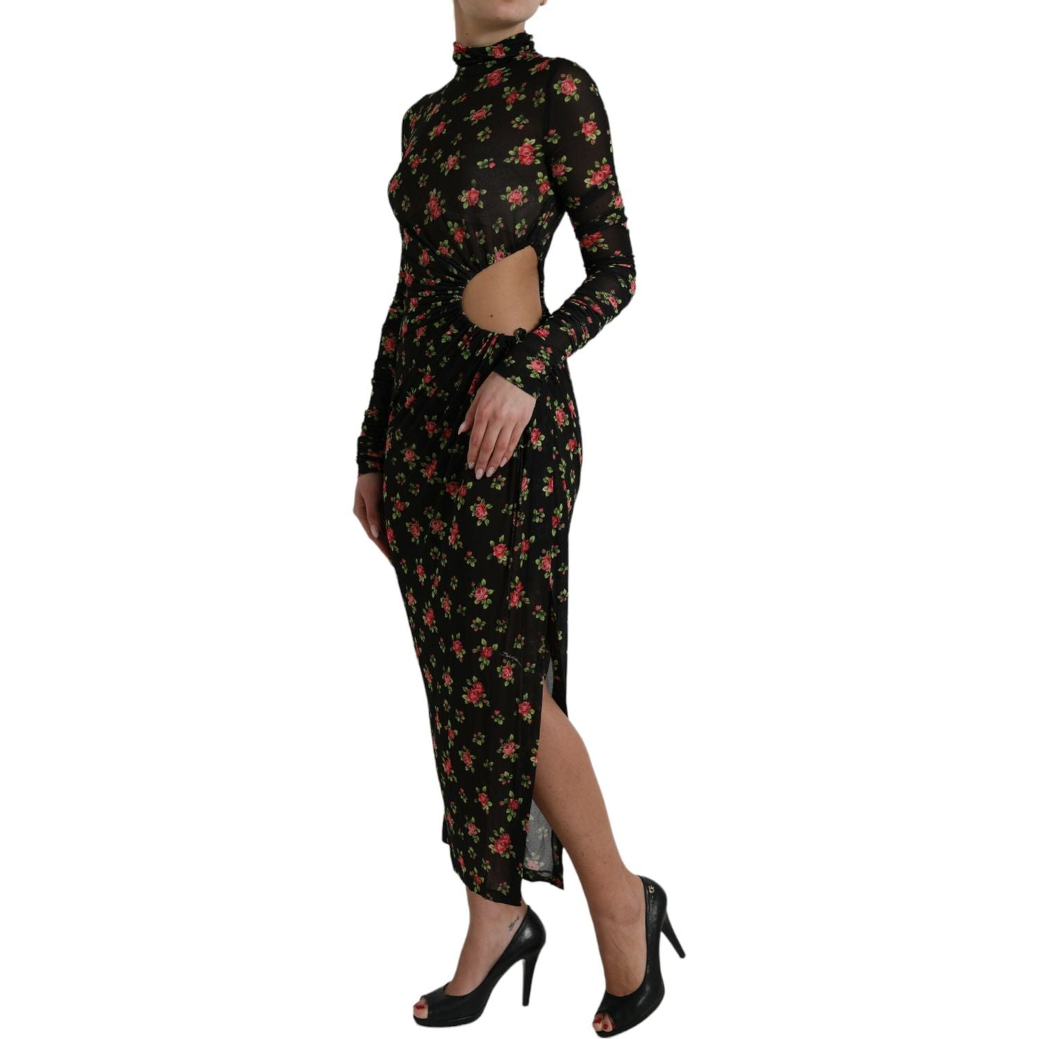 Dolce & Gabbana Black Floral Cut Out Sheath Long Maxi Dress