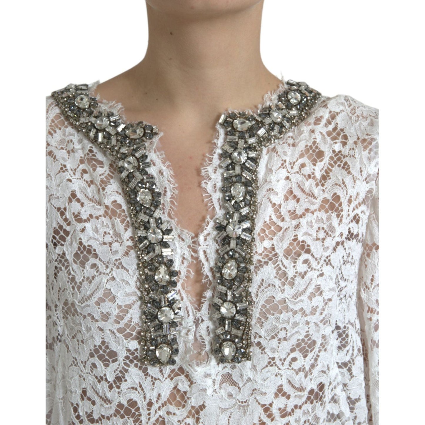 Dolce & Gabbana White Lace Crystal Embellished Shift Dress Dolce & Gabbana