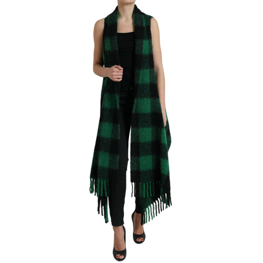 Dolce & Gabbana Black Green Buffalo Check Poncho Coat Jacket 1728,67345645728,Black and Green,Clothing,Coats - Jackets & Coats - Clothing,Dolce & Gabbana,IT40|S,Jackets & Coats - Clothing,Jackets & Coats - Women - Clothing,Material: 28% Alpaca 28% Mohair