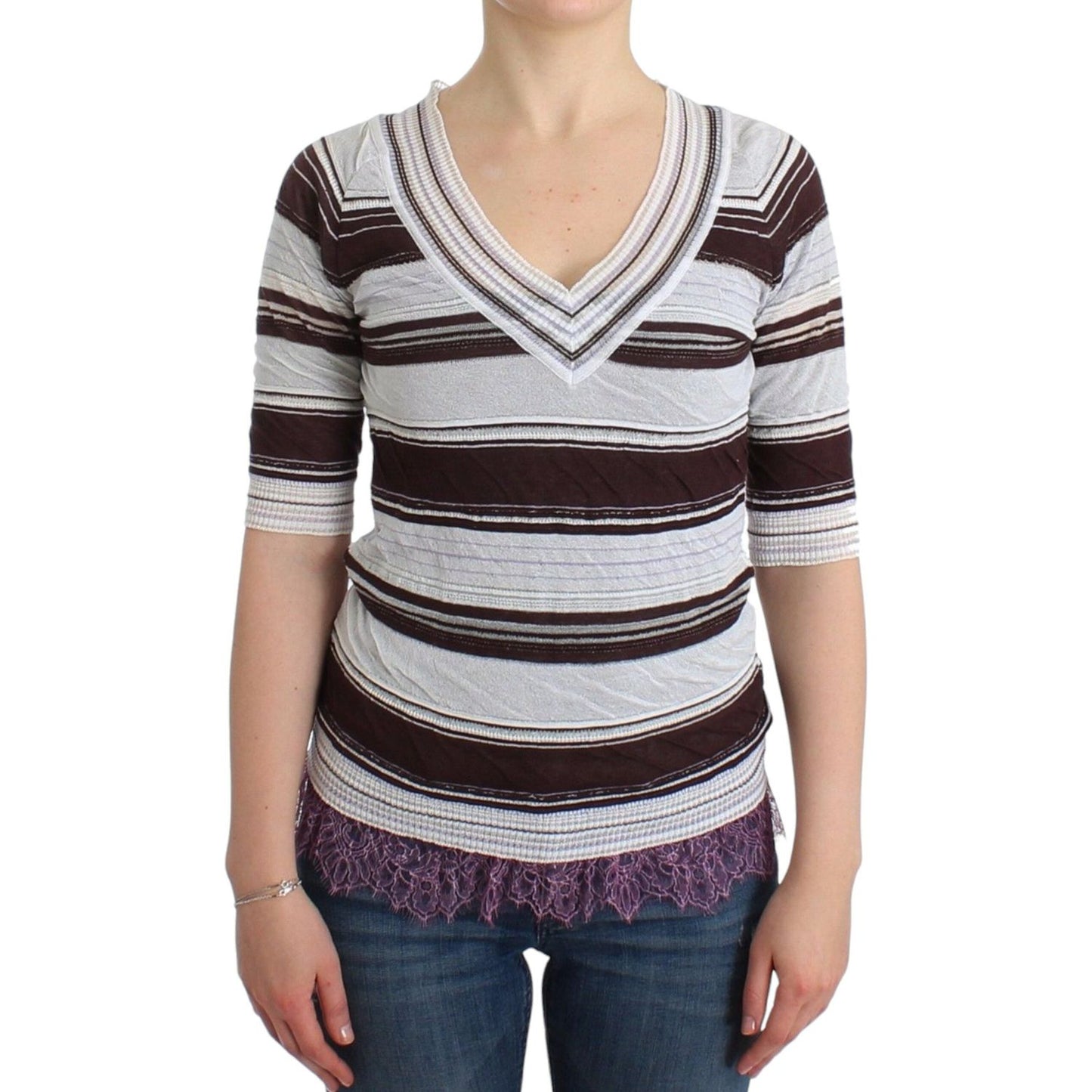 Ermanno Scervino Striped Lace V-Neck Short Sleeve Top Sweater