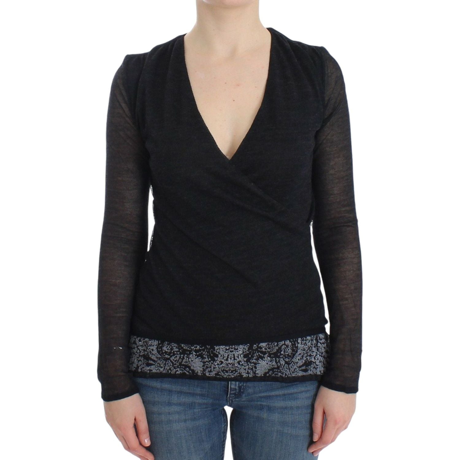 Ermanno Scervino Black Wool Blend Stretch Long Sleeve Sweater