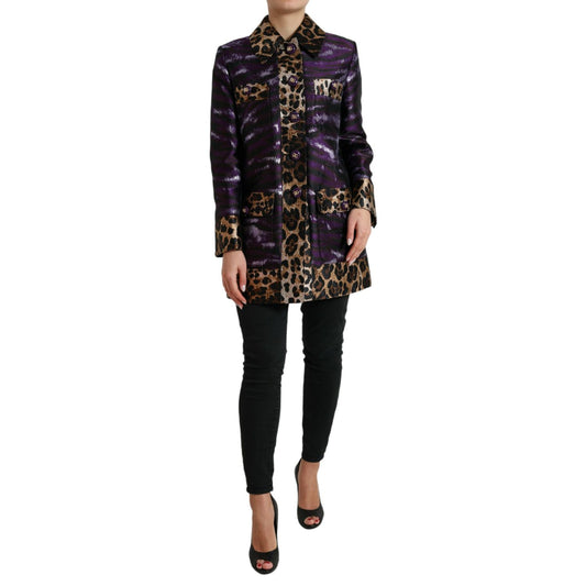 Dolce & Gabbana Purple Lamé Jacquard Tiger Print Coat Jacket