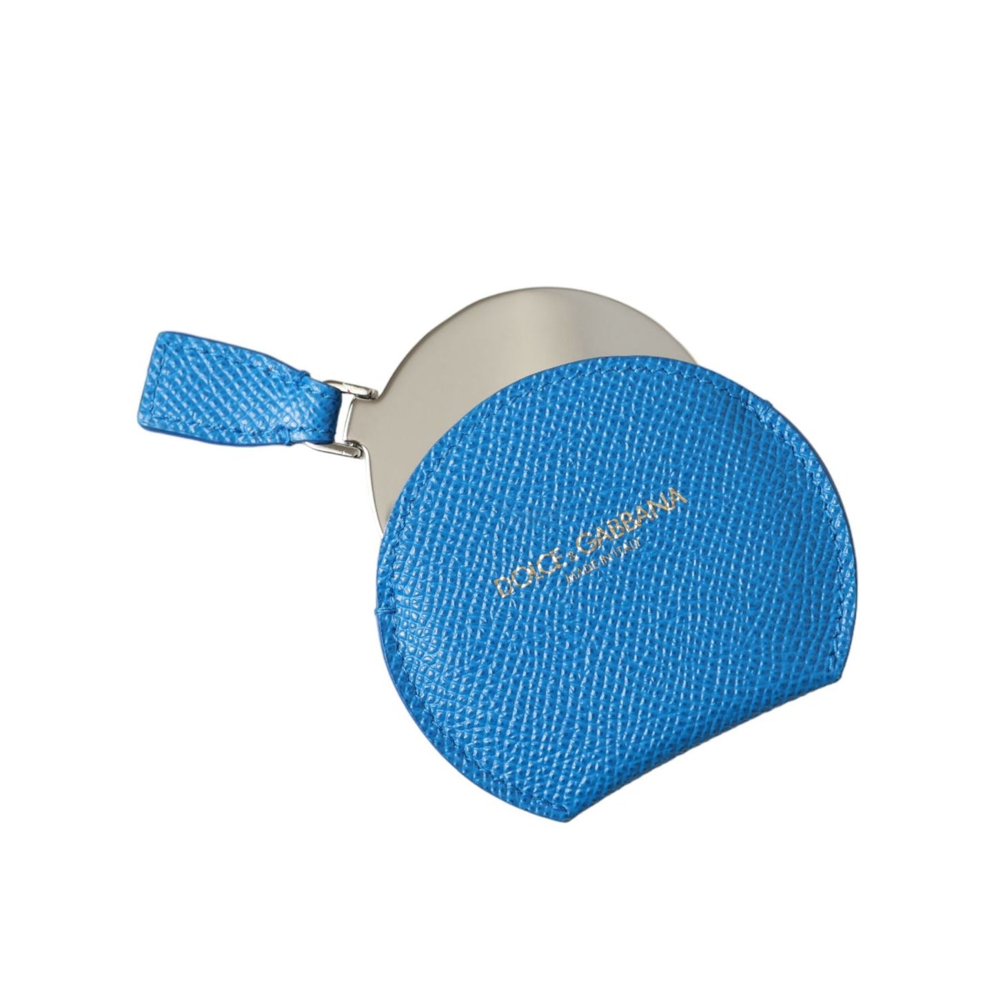Dolce & Gabbana Blue Calfskin Leather Round Logo Hand Mirror Holder