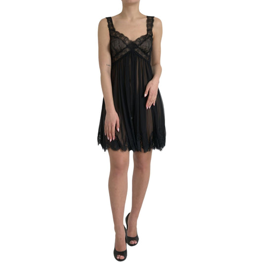 Dolce & Gabbana Black Silk Pleated Lace Chiffon Mini Dress