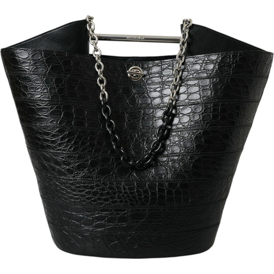 Balenciaga Black Exotic Skin Leather Maxi Bucket Tote Purse Bag