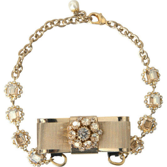 Dolce & Gabbana Gold Brass Clear Crystal Bow Chain Choker Necklace Dolce & Gabbana