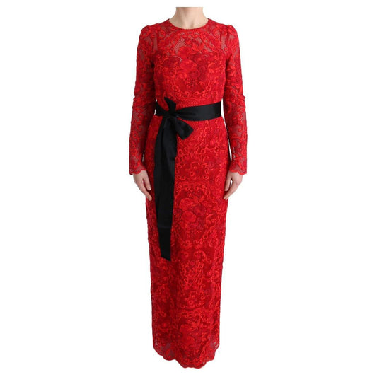 Dolce & Gabbana Red Floral Ricamo Sheath Long Dress WOMAN DRESSES
