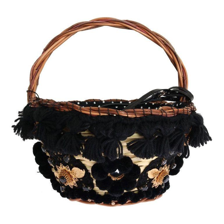 Dolce & Gabbana Beige Straw Snakeskin Pom Pom Crystal AGNESE Bag