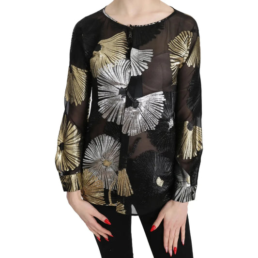 Dsquared² Gold Silver Silk Jacquard See Through Top Blouse1728,67345645728,Clothing,Dsquared²,Gold Black,IT38 | XS,IT40|S,Long Sleeve - T-Shirts - Clothing,Material: 100% Silk,Preowned / Defect,T-Shirts - Clothing,Tops & T-Shirts - Women - Clothing,Women,
