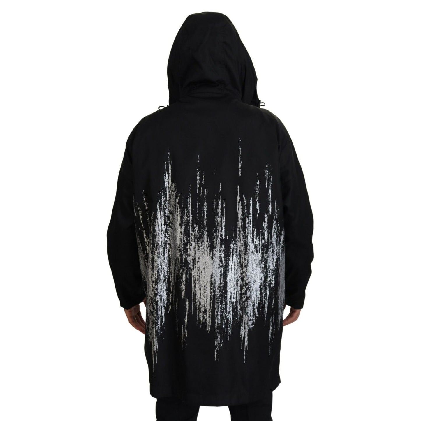 Dsquared² Black White Print Long Hooded Coat Nylon Jacket