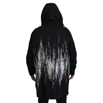 Dsquared² Black White Print Long Hooded Coat Nylon Jacket