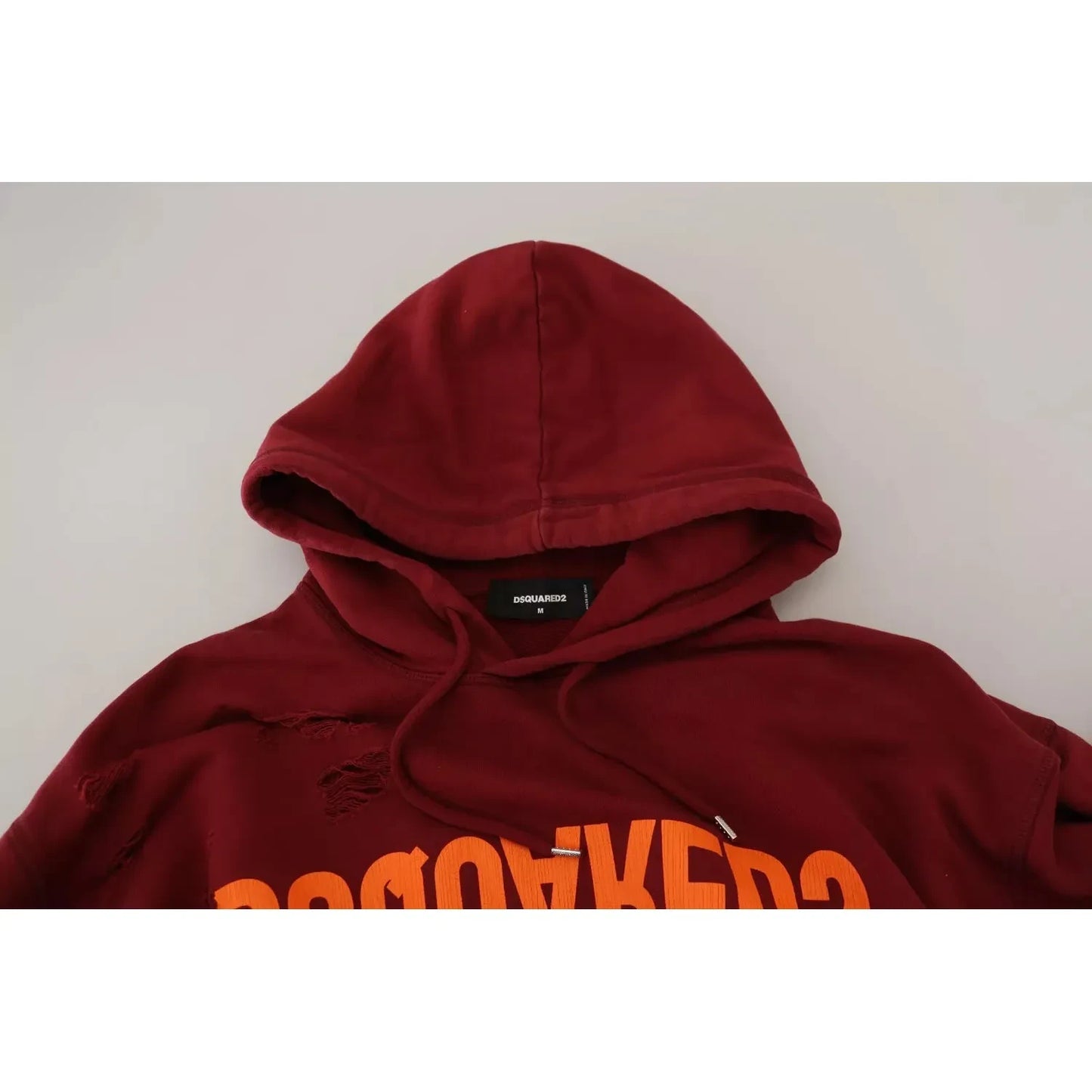 Dsquared² Maroon Cotton Tattered Hooded Printed Pullover Sweater1728,67345645728,Clothing,Dsquared²,Hoodies - Sweaters - Clothing,IT48 | M,Maroon,Material: 100% Cotton,Men,Preowned / Defect,Sweaters - Clothing,Sweaters - Men - Clothing