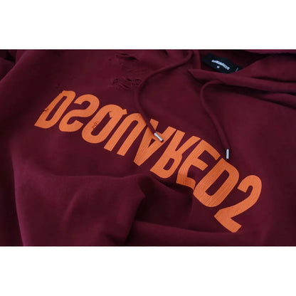 Dsquared² Maroon Cotton Tattered Hooded Printed Pullover Sweater1728,67345645728,Clothing,Dsquared²,Hoodies - Sweaters - Clothing,IT48 | M,Maroon,Material: 100% Cotton,Men,Preowned / Defect,Sweaters - Clothing,Sweaters - Men - Clothing