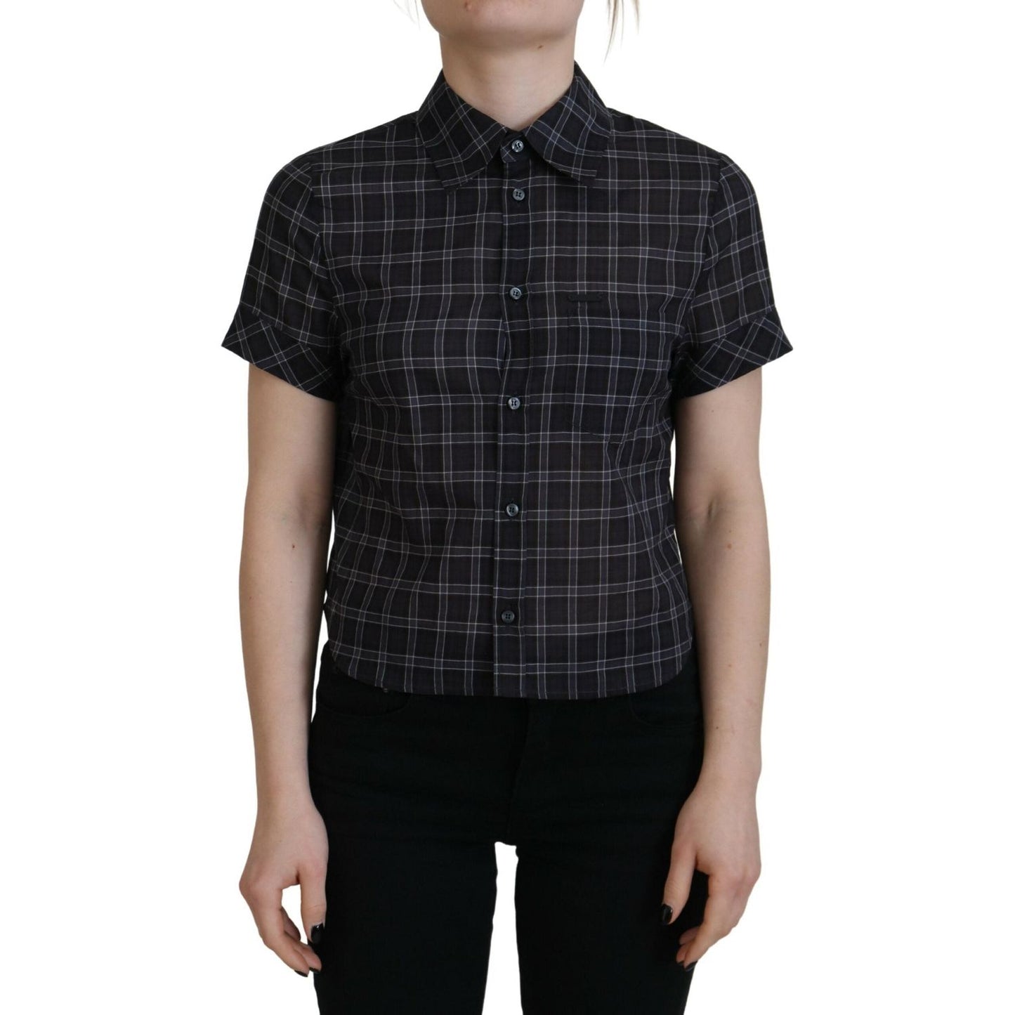 Dsquared² Black Checkered Collared Button Short Sleeves Top Dsquared²